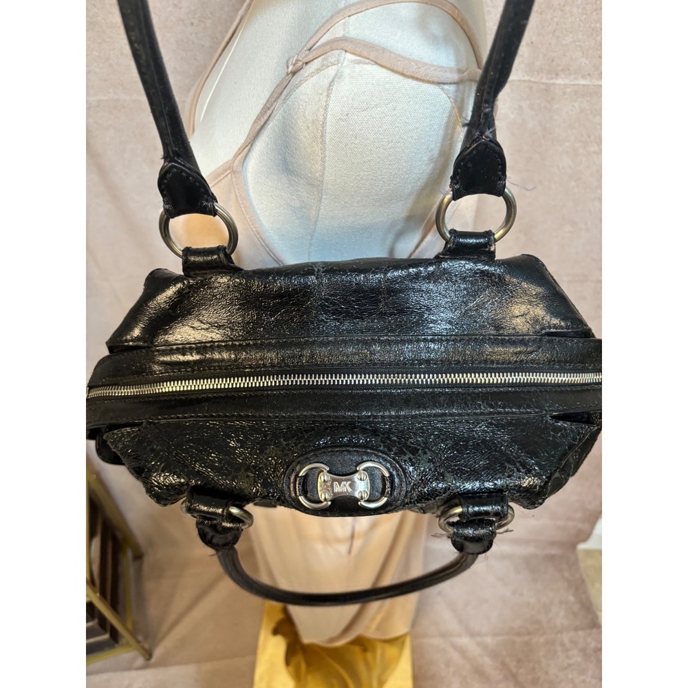 Michael Kors Black Leather Satchel Bag Silver Tone Hardware MK‎ Logo Handbag - Picture 2 of 8